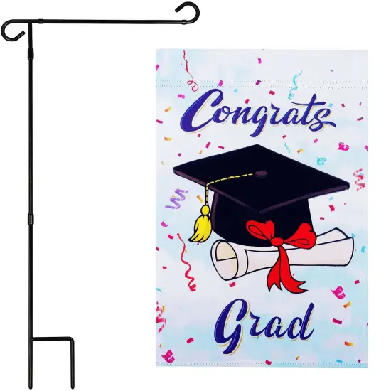 G128 Combo Pack: Garden Flag Stand 36x16IN & Garden Flag Happy Graduation Congrats Cap Printed 12x18IN Double Sided {1}