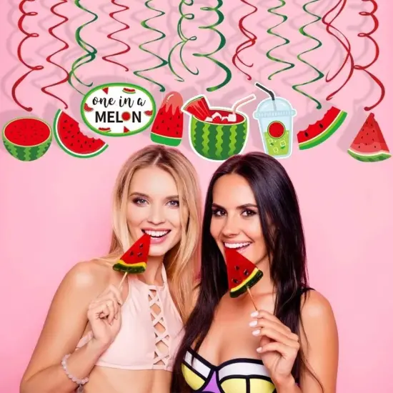 30Ct One In A Melon Watermelon Hanging Swirl Party Decorations - Summer Fruits Birthday Party Supplies Fan Decors {3}
