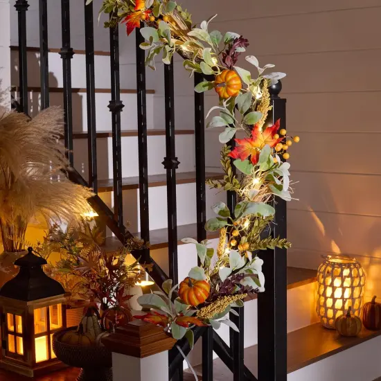 6ft Silk Lambs Ear Pumpkins Garland with Lights Fall Leaves Garlands {4}