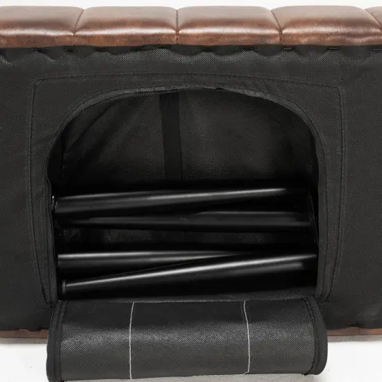Modern Bedroom Bench with Tufted PU Leather Seat and Tapered Metal Legs for 3 Seating Brown {3}