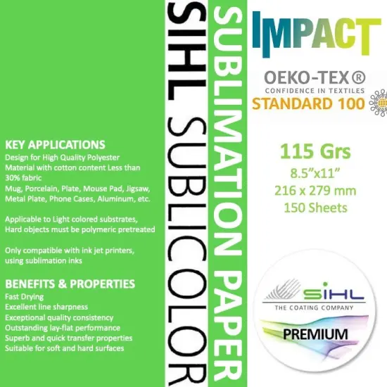 SubliColor IMPACT Dye Sub Paper 8.5&rdquo;x11&rdquo; (216 x 279 mm) Sheets Pack Multicompatible by Sihl, Made in Germany {1}
