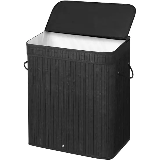 Black Natural Wicker Laundry Hamper with Lid, Liner Bag and Foldable Frame {1}
