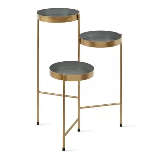 Modern 3 Tier Metal Plant Stand with Rotating Trays Indoor Flower Pot Holder Fully Assembled Gold Grey {6}