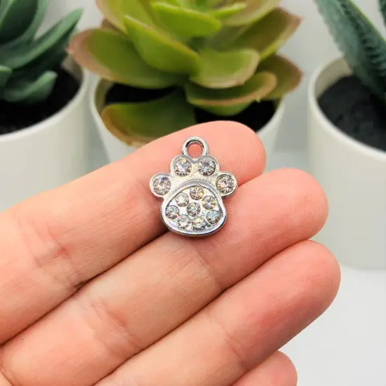 Diamond Rhinestones and Silver Dog / Cat Paw Charms, 18x16mm {2}