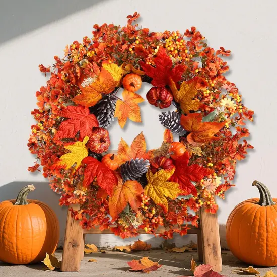 Fall Wreath with Pumpkin Maple Leaves Pine Cone Berries {1}