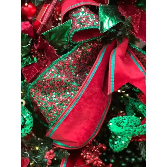 4" Red & Green Piping Velvet Metallic Dupion Ribbon (5 Yards) {2}