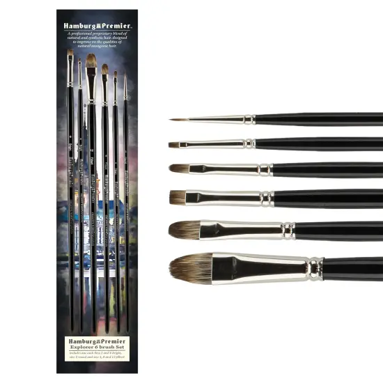 Creative Mark Hamburg Premiere Professional Oil Painting Brushes - Explorer Set of 6 Assorted Oil Paint Brushes - Handmade in Germany, Natural & Synthetic Blend, Long Triple-Lacquered Birch Handle {1}