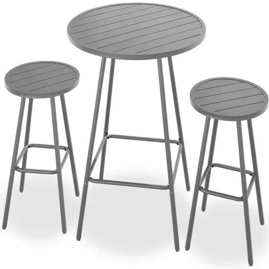 Best Choice Products 3-Piece Steel Patio Bar Height Round Bistro Set w/ Backless Stools, Slatted Design Gray {1}