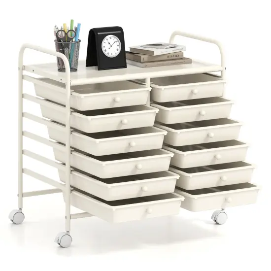 12 Removable Drawers Rolling Storage Cart with 4 Universal Wheels and Metal Frame White {4}