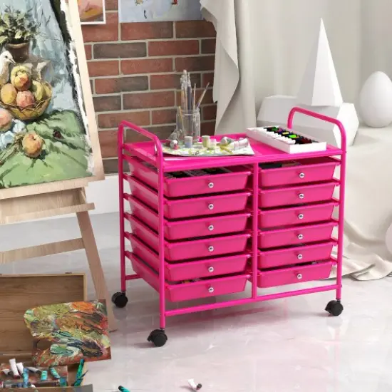 12 Removable Drawers Rolling Storage Cart with 4 Universal Wheels and Metal Frame Hot Pink {1}