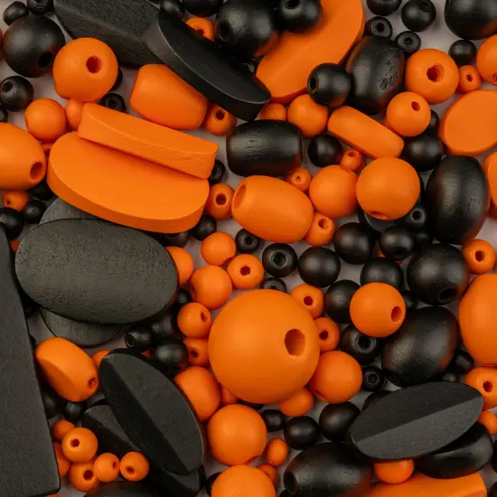 John Bead Craft Wood Beads with Elastic Nylon Cord, 90g Black and Orange {4}
