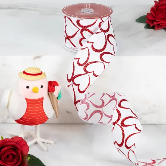 Northlight Glitter Hearts Valentine's Wired Craft Ribbon - 2.5" x 10 Yards - White and Red {1}