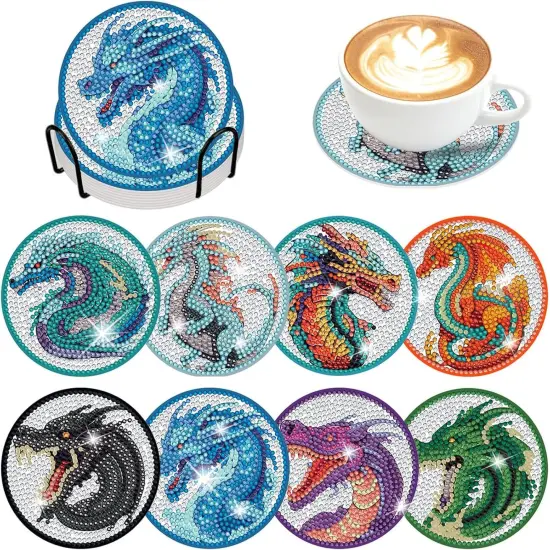 8 Pieces Dragon Diamond Coasters Kits with Holder DIY 3D Dragon Diamond Art Coaster Non Slip Coaster for Adults Diamond Kits Supplies for Christmas Gift {1}