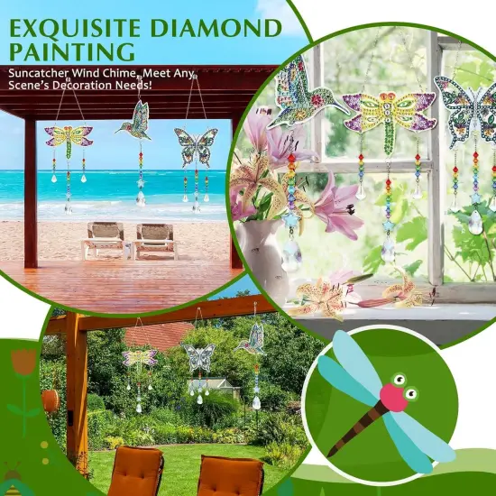 3 Pieces Painting Suncatcher Wind Chime Diamond Art Kits Double Sided Crystal Gem Paint by Number Hanging Ornament for Adults DIY Window Home Garden (Dragonfly, Butterfly, Hummingbird) {3}