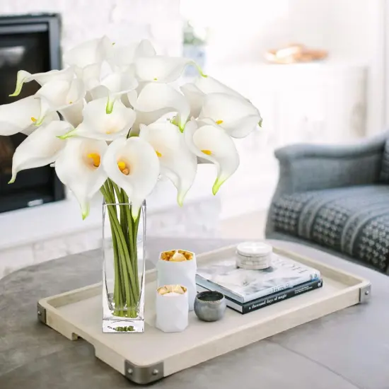Fake Flowers in Vase 14&ldquo; Artificial Calla Lily Pure-White Flowers Arrangement with Vase and Faux Water for Home Decor Dining Table {3}