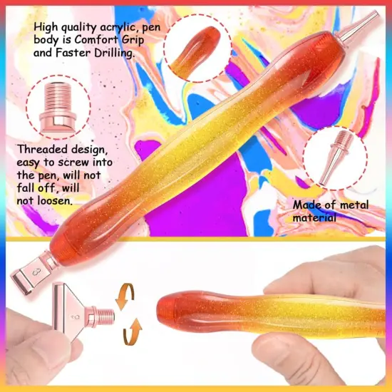 Diamond Painting Art Drill Pen Kit with 6 Screw Stainless Steel Silver Metal Tip Nibs, 6 Plastic Placers,6Glue Clays Tool Accessories for Diamond Painting, Diamond Art Orange Yellow {2}