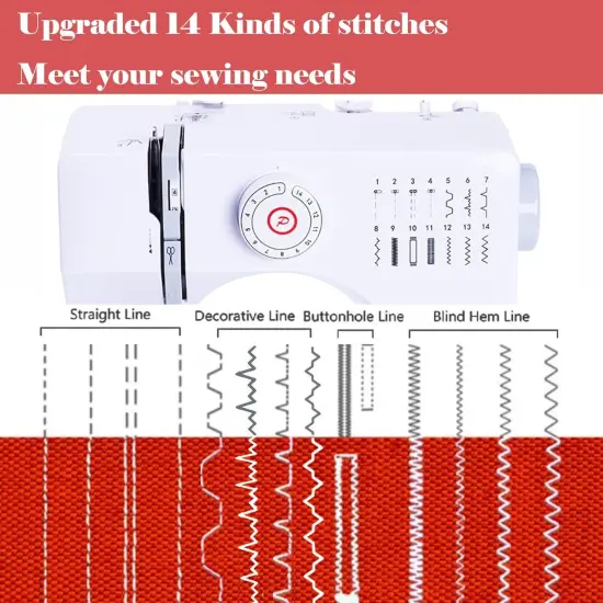 Sewing Machine for Beginners, Electric Mini Portable, 14 Built-in Stitches with Reverse Sewing, 2 Speeds Double Thread with Foot Pedal, Storage Bag, Cotton Fabric and Threads (White) {3}