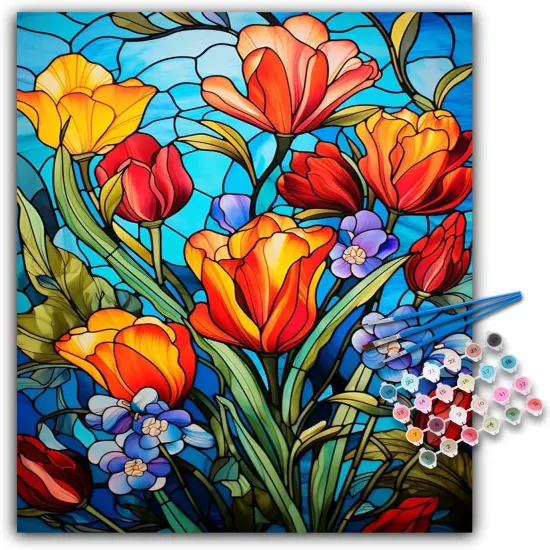 Paint by Numbers Kit for Adults- Flowers Adult Paint by Number Kits on Canvas for Beginners, Stained Glass DIY Acrylic Oil Number Painting Kits for Home Wall Decor Gift 16"x 20" (without Frame) {1}