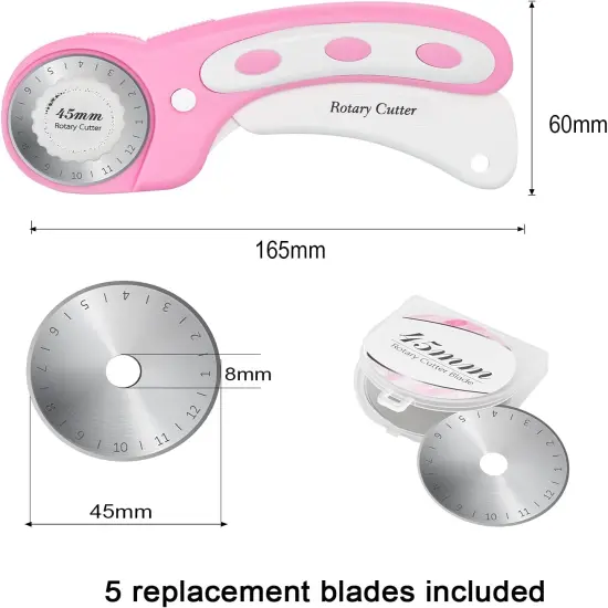 45mm Rotary Cutter with 5pcs Extra Blades, Ergonomic Handle Rolling Cutter with Safety Lock for Fabric, Leather, Crafting, Sewing, Quilting, Fabric Rotary Cutter Perfect for Left & Right Hand(Pink) {3}