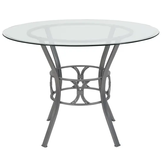 Emma and Oliver 42" Round Glass Dining Table with Metal Frame ClearTop/SilverFrame {2}