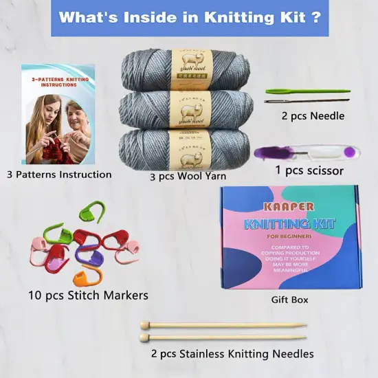 Knitting Kit for Beginners Adults & Kids (Gray) {4}