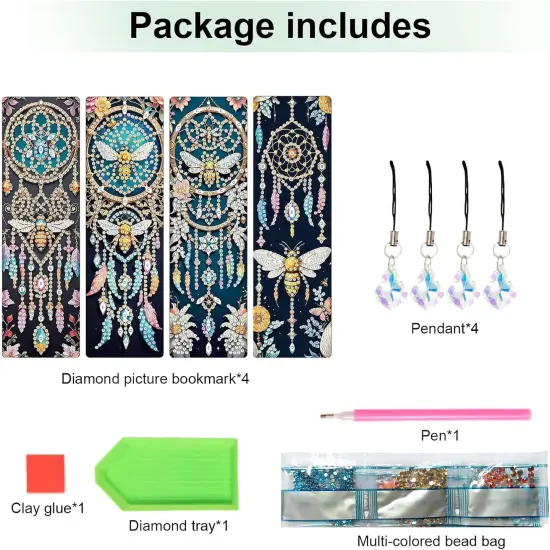 4pcs 5D Diamond Art Painting Bookmarks with Crystal Pendant {2}
