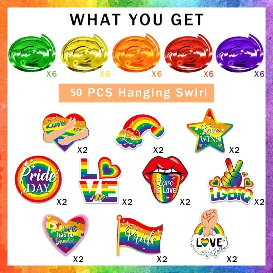 50 PCS Pride Rainbow Hanging Swirl LGBT Rainbow Pride Hanging Foil Swirls Pride Month Hanging Banner Ornaments Love is Love Gay Lesbian Pride Decorations Hanging Swirls for Pride Party Favor {3}