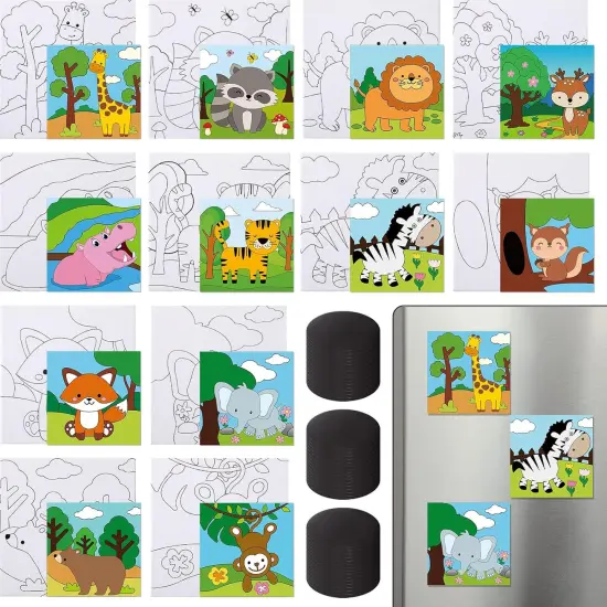 48 Pcs Pre Printed Canvas 4 x 4 Inch Kids Painting Canvas Panels Mini Pre Drawn Animal Canvas with 48 Pcs Bulk Magnets for Kids Student {1}