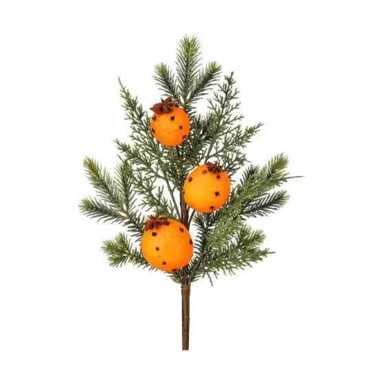 18" Evergreen Pick with Real Orange & Clove Scent &ndash; Holiday Faux Orange Pomander Pick, Christmas Floral Stem-MTX76741 {1}