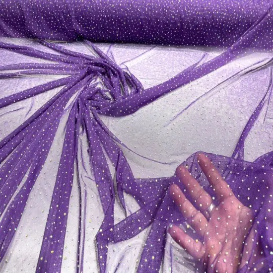 1 Yard Sheer Power Mesh With AB Rhinestones Stretch Fabric for Dancewear, Gowns & DIY Purple {1}