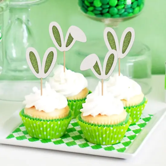 24 Pack Easter Bunny Ear Cupcake Toppers, Green Glitter Rabbit Ears Cupcake Picks, Easter Day Cake Toppers for Easter Theme Spring Birthday Baby Shower Party Supplies {5}