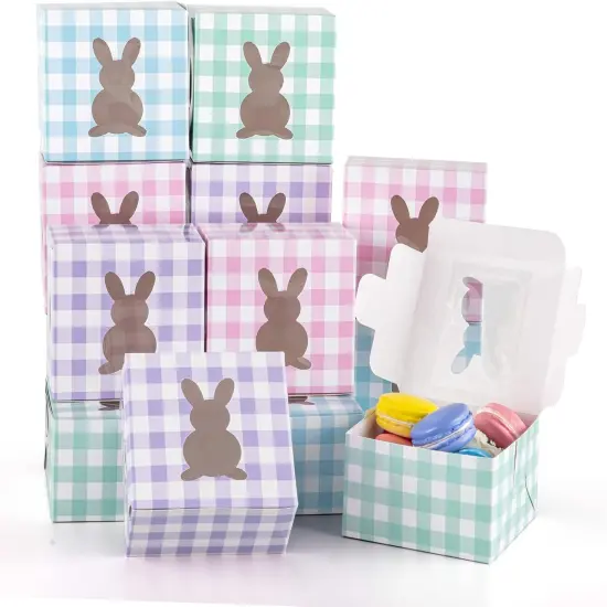 24Pcs Easter Treat Boxes with Bunny Window 4 x 4 x 2.6 Inch Colorful Plaids Cupcake Cardboard Box Rabbit Shape Window Cookie Goodie Candy Box Easter Treat Gift Boxes for Holiday Party Favor {1}