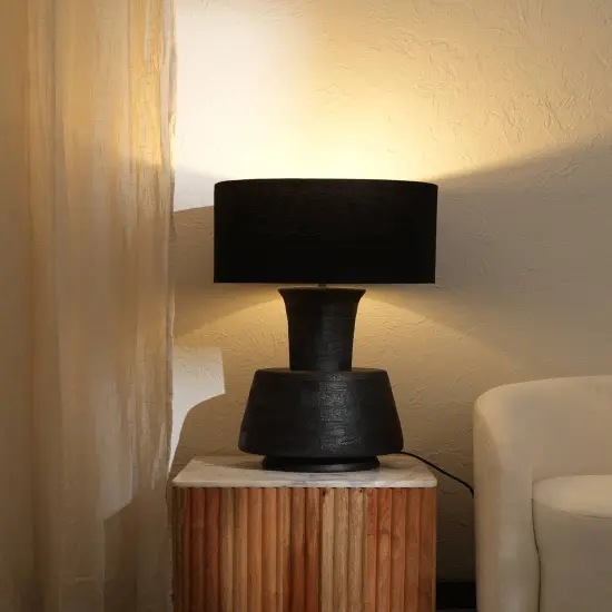 Handcrafted Wood Table Lamp with Black Fabric Shade &ndash; 16.5" x 16.5" x 29" {1}