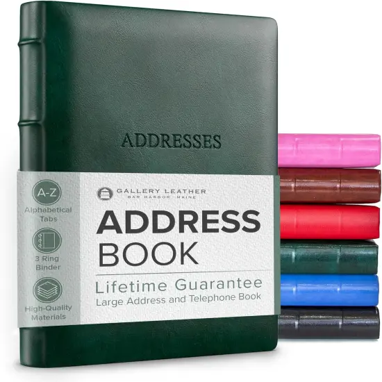 Gallery Leather Large Address Book with Alphabetical Tabs up to 480 records, Leather Notebook Hardcover, Telephone and Address Books - 9x7, Acadia Green {1}