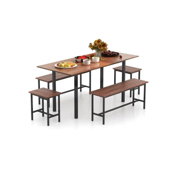 5 Piece Dining Table Set for 4-6, Includes 2 Benches & 2 Stools, Ideal for Kitchen & Dining Room Walnut {8}