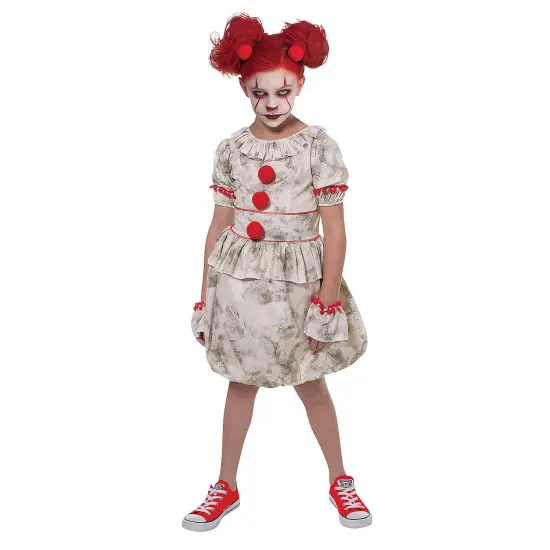 Dancing Clown Child Costume, Ragged Evil Clown Outfit with Pom-Pom Details {1}