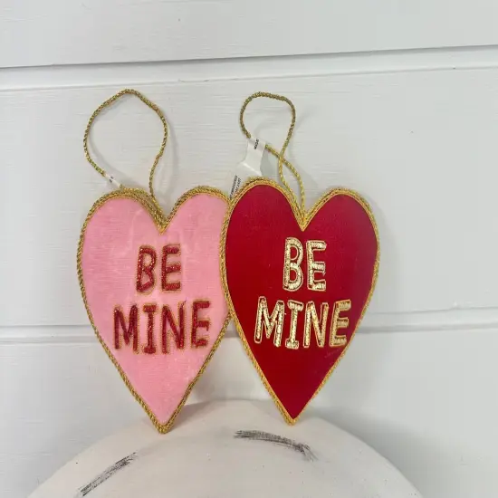 Set of 2- 4" Velvet 'Be Mine' Hearts - Embroidered in Pink/Red/Gold and Red/Gold - Valentine's Day Decor - TCT Crafts - (MTX71533) {2}