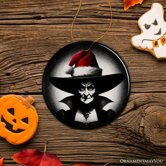 Spooky Witch with Santa Hat Ceramic Ornament, Halloween Themed Christmas Gift and Decor Circle {5}