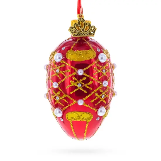 Red with Gold Glitter, Pearl Accents, and Floral Design Mini Glass Egg Ornament 2.9 Inches {1}