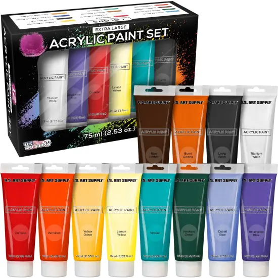U.S. Art Supply Professional 12 Color Set of Acrylic Paint in Extra-Large 75ml Tubes - Rich Vivid Colors, Artist Painting, Students, Beginners, Adults {1}
