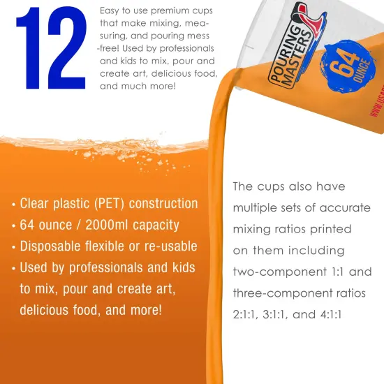 64 Ounce (2000ml) Graduated Plastic Mixing Cups (Box of 12) - Paint Mixing Cups for Epoxy Resin, Art, Kitchen, Baking - Measurements in OZ and ML, 4 Different Measuring Ratios 1:1 {4}
