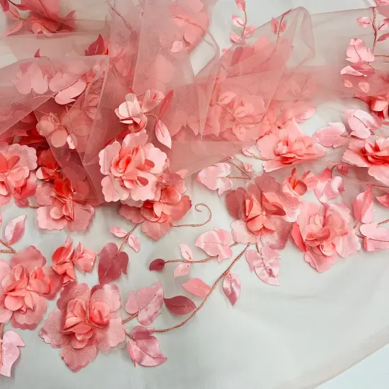 1 Yard 3D Floral Lace Fabric Embroidered Soft Tulle Net Mesh Wedding 50" Width Coral {6}