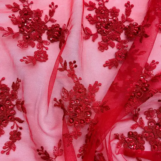 1 Yard Beaded Corded Bridal Lace Fabric Embroidered Mesh Champagne 54" Width Red {2}