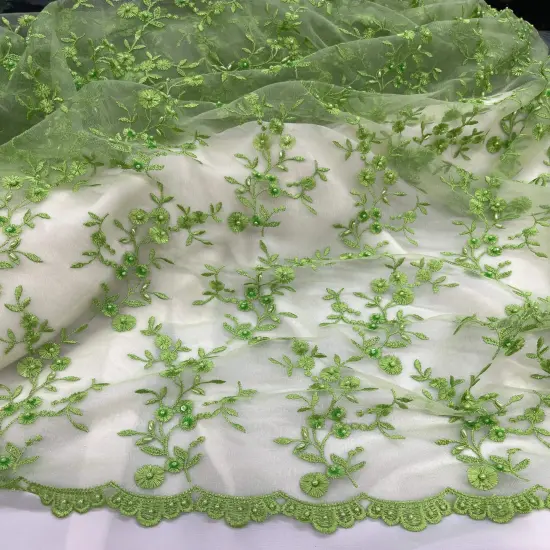 1 Yard Beaded Lace Fabric Embroidered Pearl Sequin Bridal Mesh Wedding Dress 54" Width Lt. Blue {2}