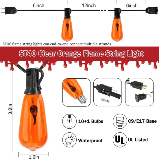 10Ft Halloween Decorations String Lights with 10 LED ST40 Edison Orange Flame Bulbs {2}