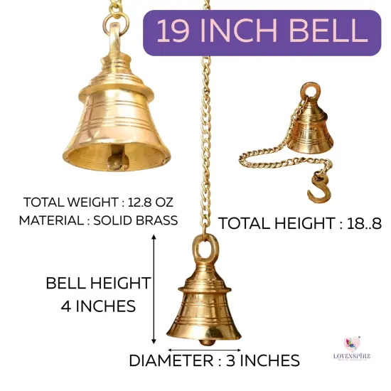 Hanging Brass Bell Hindu Religious Temple Pooja Ghanti with Chain Indian Mandir Decor Wall Mounted Temple Ghanta Ritual Outdoor Indoor Jingle Bell Housewarming Gift {4}