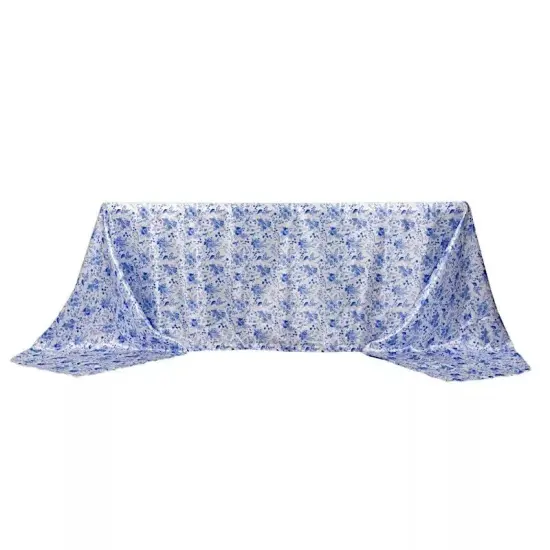 90" x 156" White Blue Floral Satin Rectangular Tablecloth Party Home Decorations {1}
