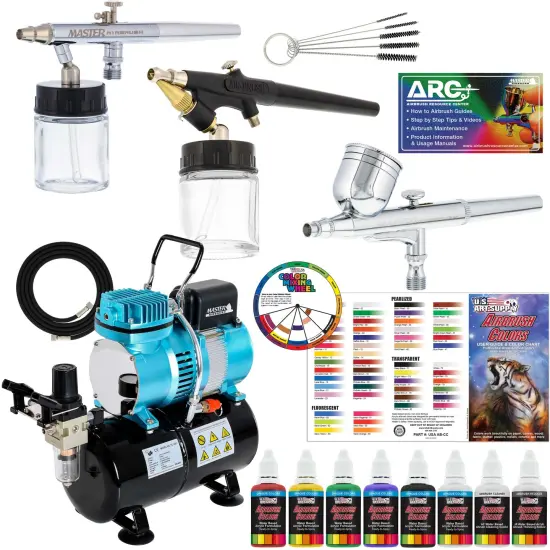 Master Airbrush Multi-Purpose Airbrushing System with 3 Airbrushes, 6 U.S. Art Supply Primary Acrylic Paint Colors, Cool Running Air Compressor {1}