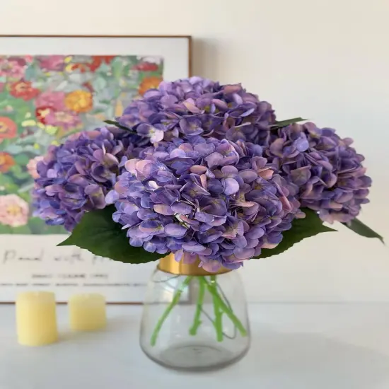 4Pcs Purple Silk Hydrangea Artificial Flower Lifelike Big Blooms 20'' Long Stem Faux Hydrangea Flower Bouquets for Home Party Indoor Outdoor Wedding Table Centerpiece Decor {1}