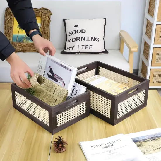 Rattan Storage Baskets, Wicker Storage Baskets for Shelves, Wooden Crate. (Brown-Set2) {5}